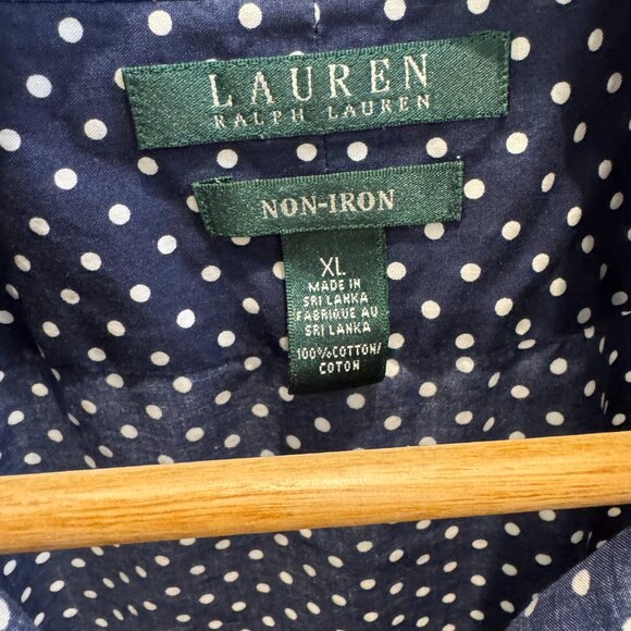 Lauren Ralph Lauren Navy & White Polka Dot Button-Up Blouse Size Large - Picture 3 of 10